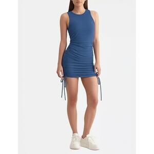 BTFBM Dress Blue Small Sleeveless Drawstring Ribbed Knit Bodycon Mini Ruched NEW